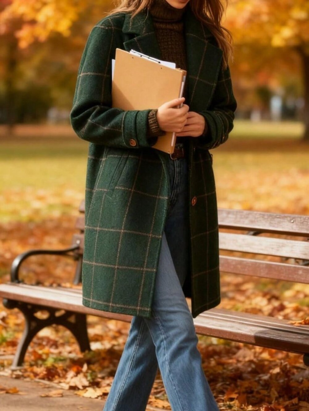 Dark Green Casual Women's Plaid Rib-Knit Single Breasted Regular Trench Coat - Picture 3 of 7